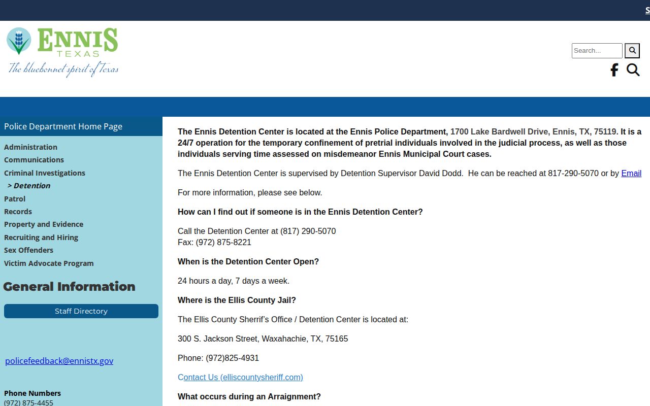 Ennis Detention Center release pickup and local custody instructions