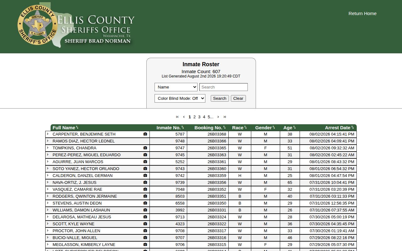 Ellis County live jail roster and generated timestamp