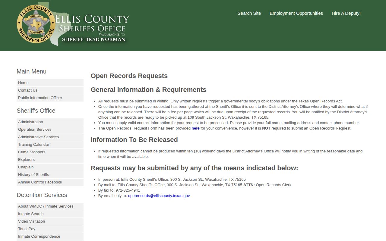 Ellis County Sheriff release record request channels and timing