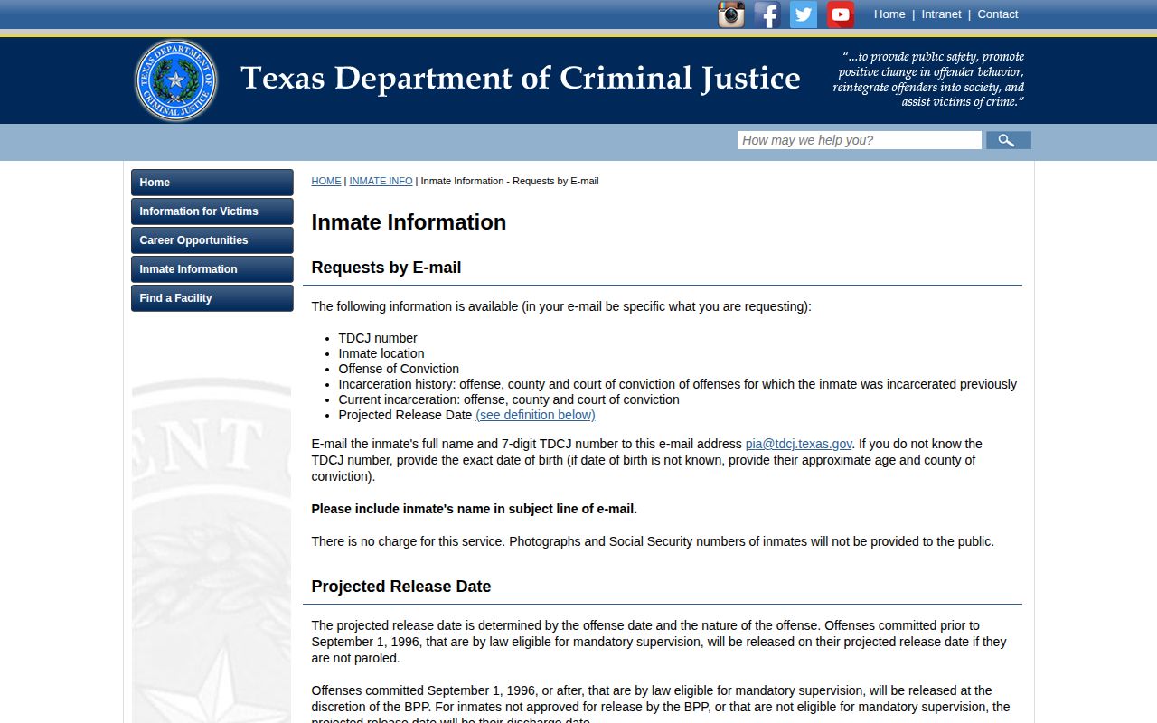 Ellis County projected release date definition and TDCJ email fallback